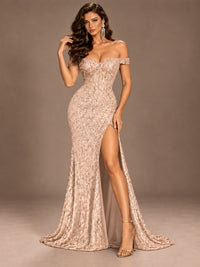Off the Shoulder Corset Sequin Mermaid Prom Dress with Slit