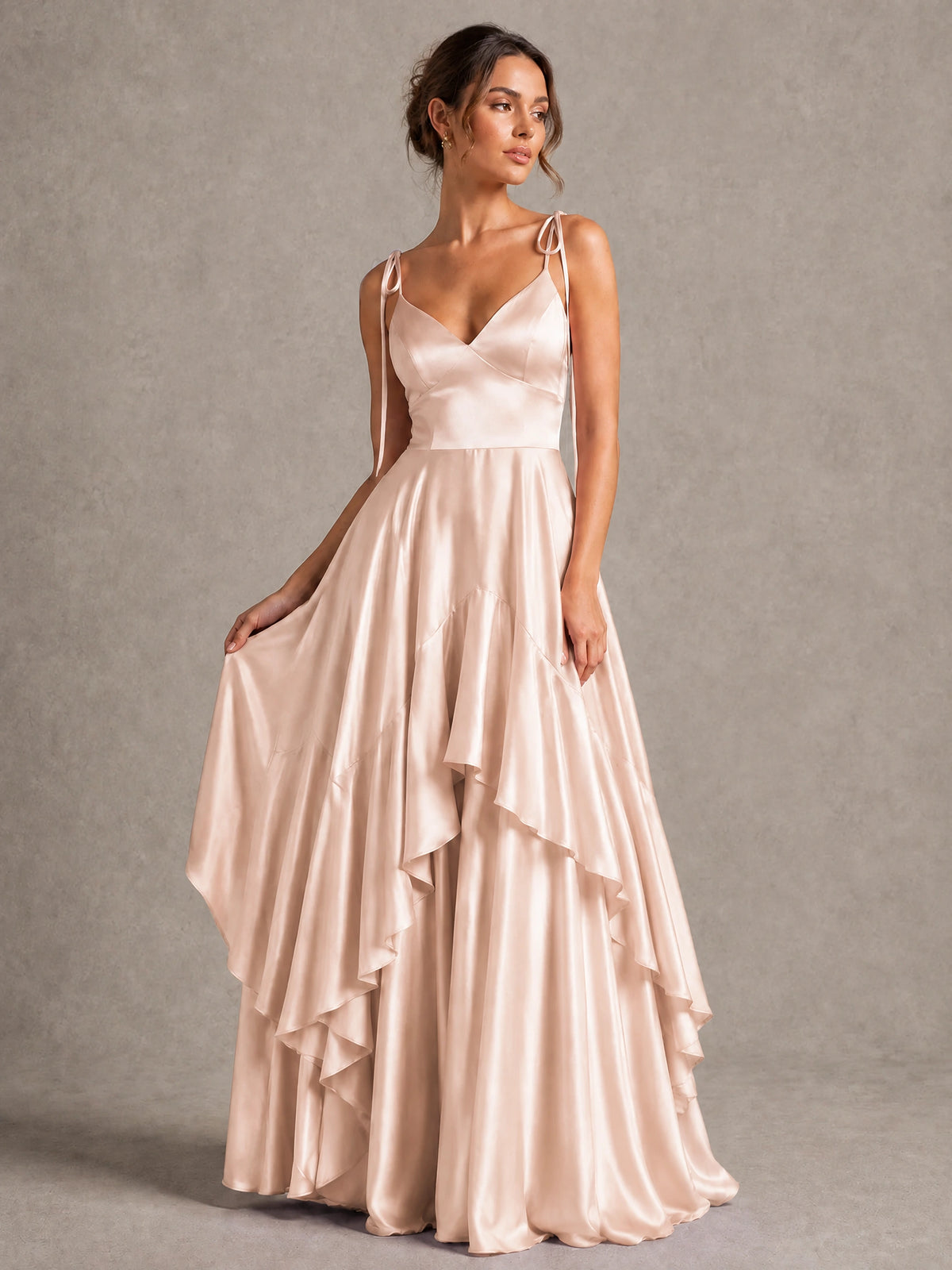 Lavender Satin V-Neck Ruffle Maxi Dress