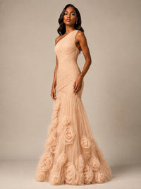 Blush Pink One Shoulder 3D Floral Mermaid Prom Dress