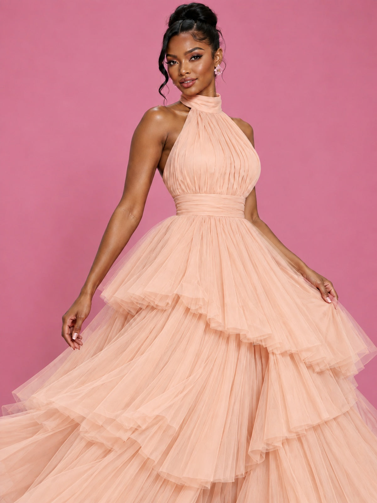 Hot Pink Tulle Halter Neck Tiered Ruffle Maxi Dress