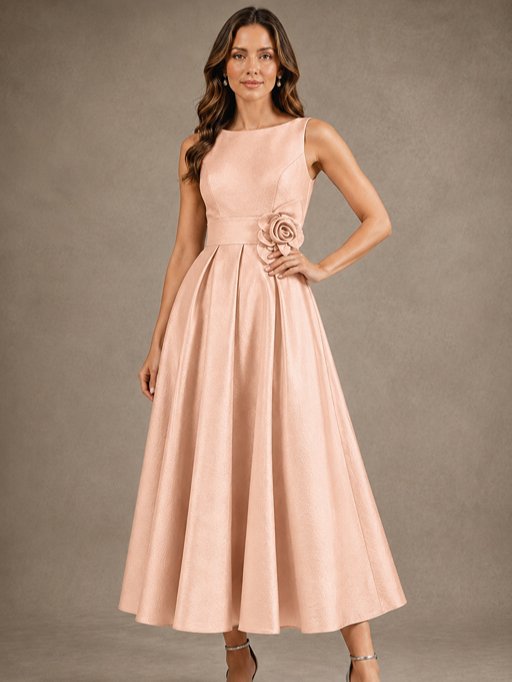 Tea-Length Satin Mother of the Bride Dress with 3D Flower Detail