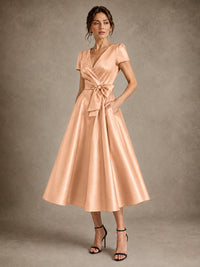 V-Neck Tea-Length Satin Mother of the Bride Dress with Bow