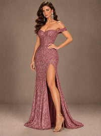 Off the Shoulder Corset Sequin Mermaid Prom Dress with Slit