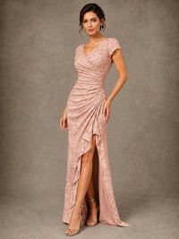V-Neck Floral Jacquard Mother of the Bride Dress with Slit