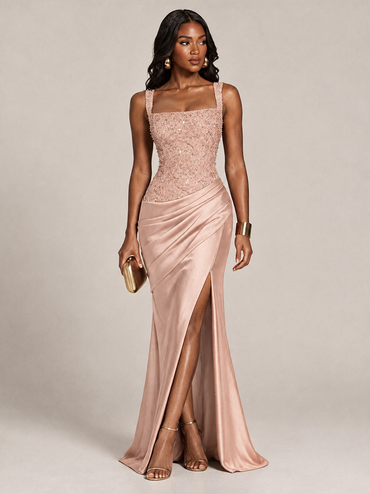 Scoop Neck Sequin Prom Dress with High Slit Satin Formal Gowns