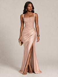 Scoop Neck Sequin Prom Dress with High Slit Satin Formal Gowns