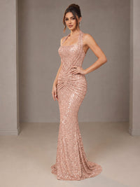 Gold Halter Sequin Mermaid Ruched Prom Dress Long Ruched Evening Gown