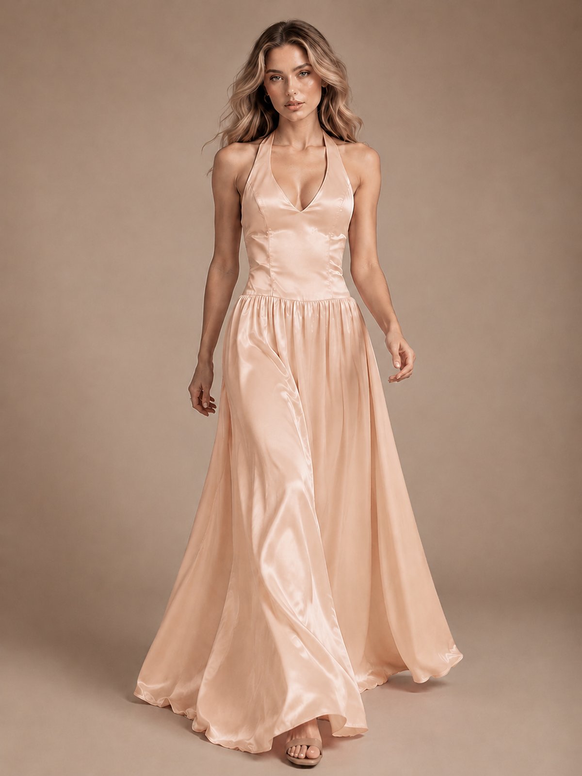 Pink V Neck Halter Satin Maxi Dress