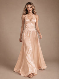 Pink V Neck Halter Satin Maxi Dress