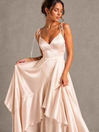 Lavender Satin V-Neck Ruffle Maxi Dress