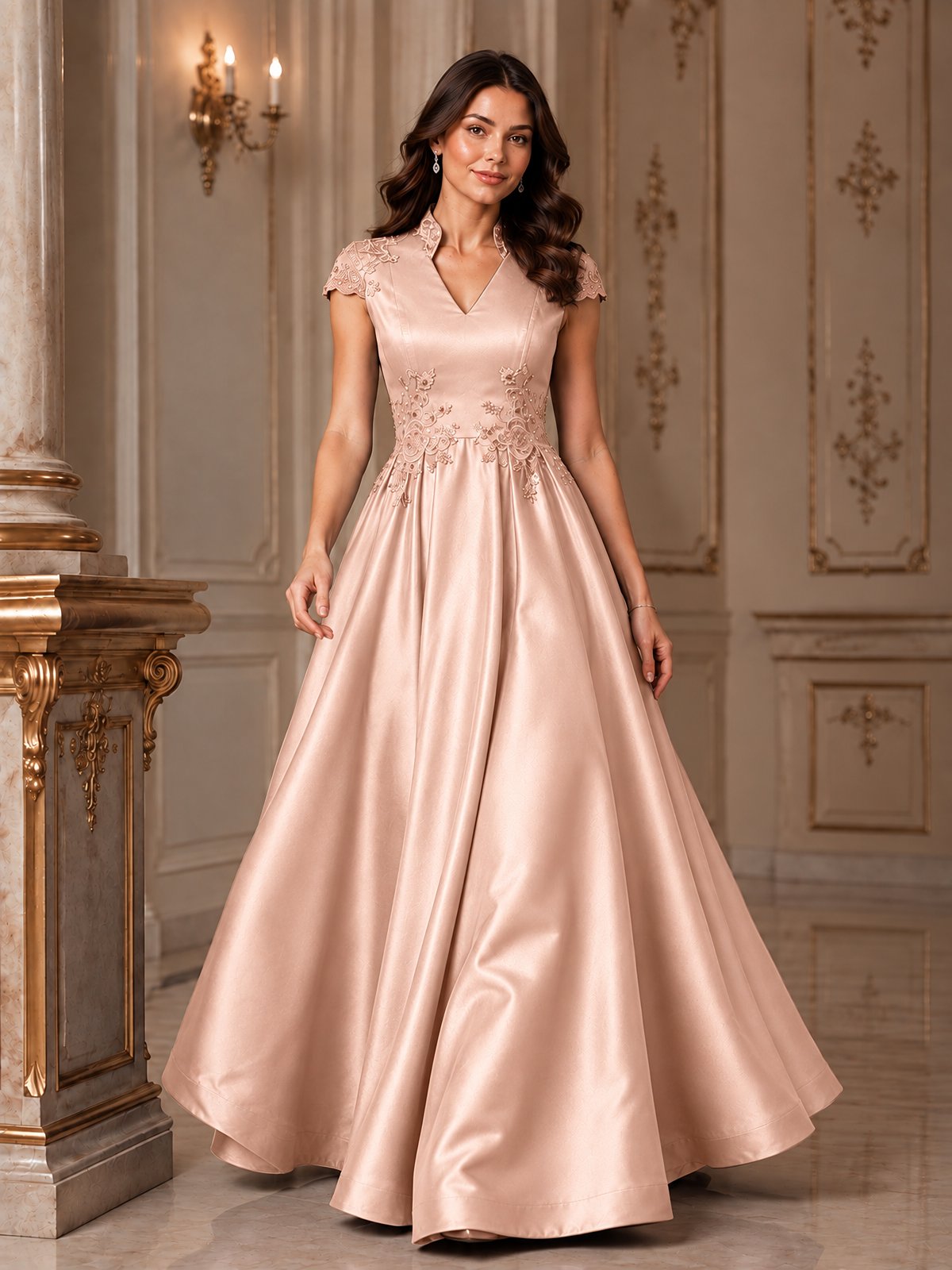 Lace Appliqué A-Line Satin Maxi Dress