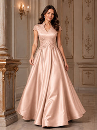 Lace Appliqué A-Line Satin Maxi Dress