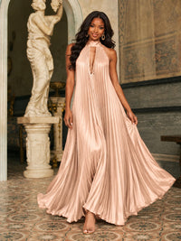 Rust Orange Pleated Halter Neck Maxi Dress