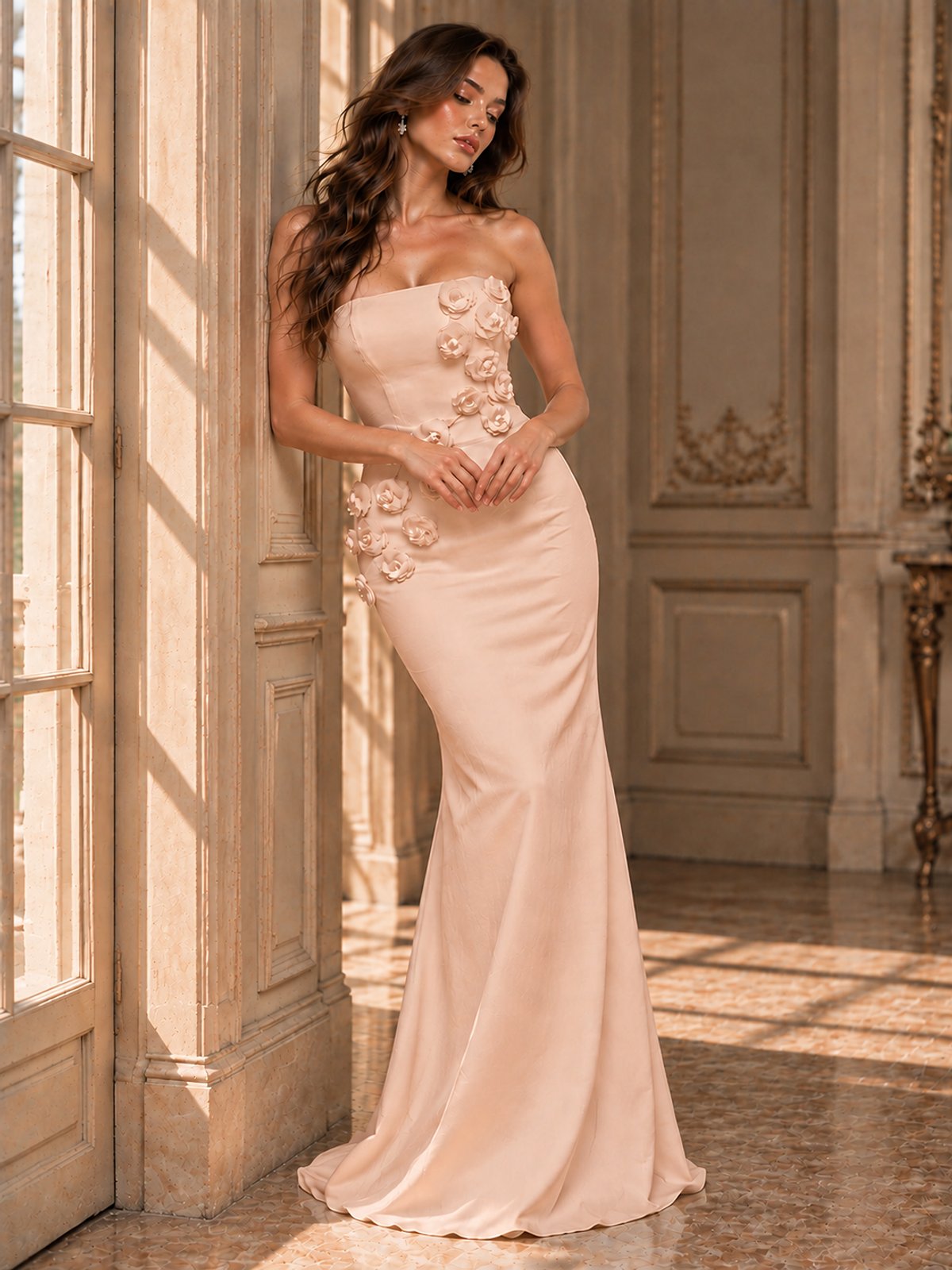 White Strapless Mermaid Maxi Dress with 3D Floral Appliques