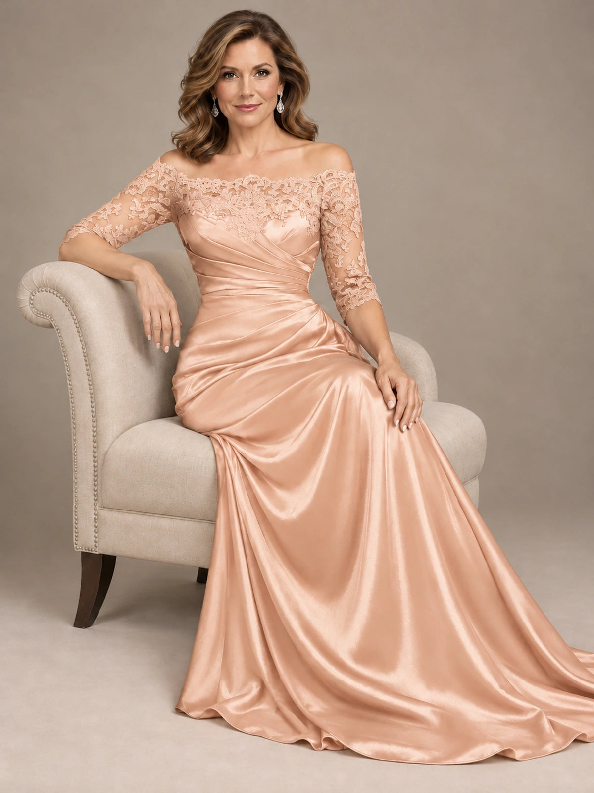 Satin Mother of the Bride Dress with Lace Sleeves Off Shoulder Formal Gown