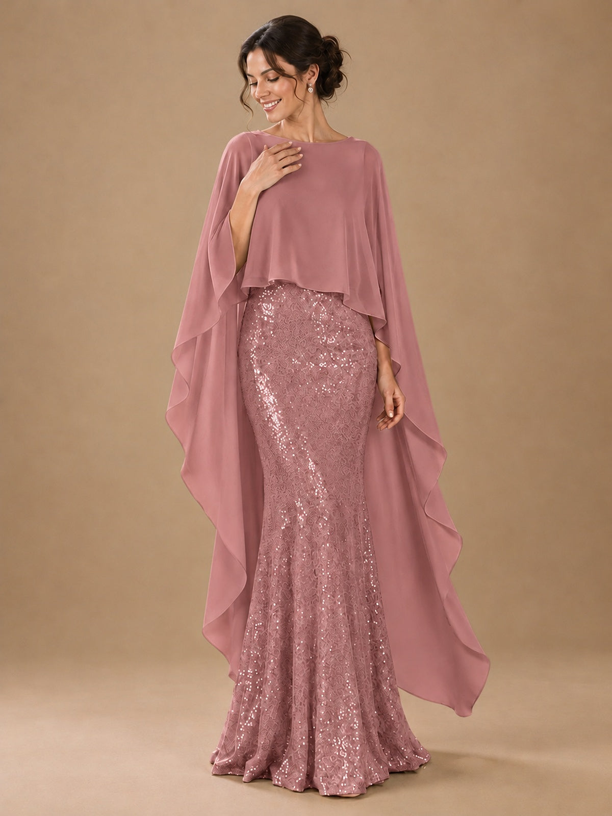 Sequin 2 Pieces Mother of the Bride Dress with Cap Sleeves Chiffon Formal Gowns