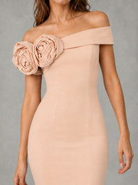 Blush Pink Off Shoulder Mermaid Bridesmaid Dress with Floral Rosette