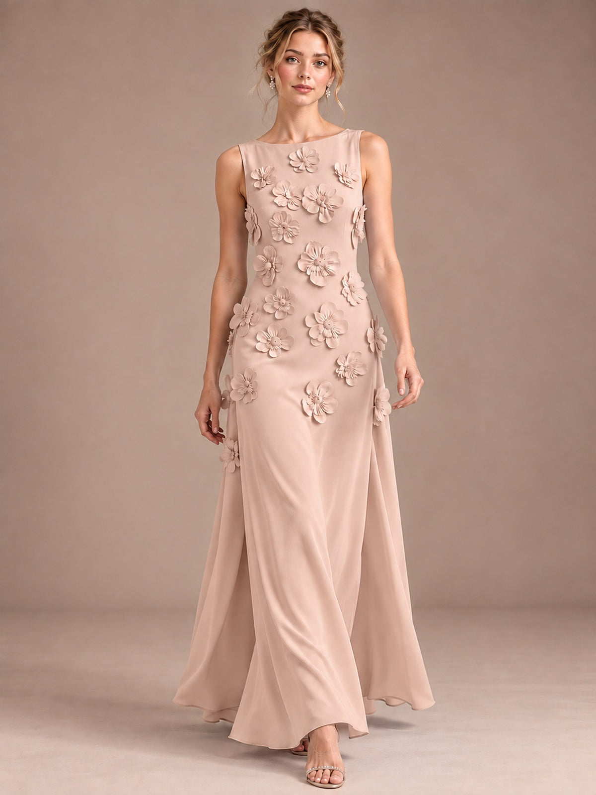 3D Floral Applique Sleeveless Formal Maxi Dress