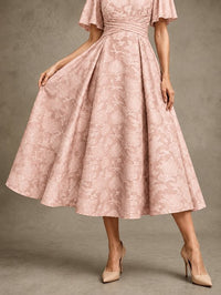 V-Neck Floral Jacquard Tea-Length Mother of the Bride Dress
