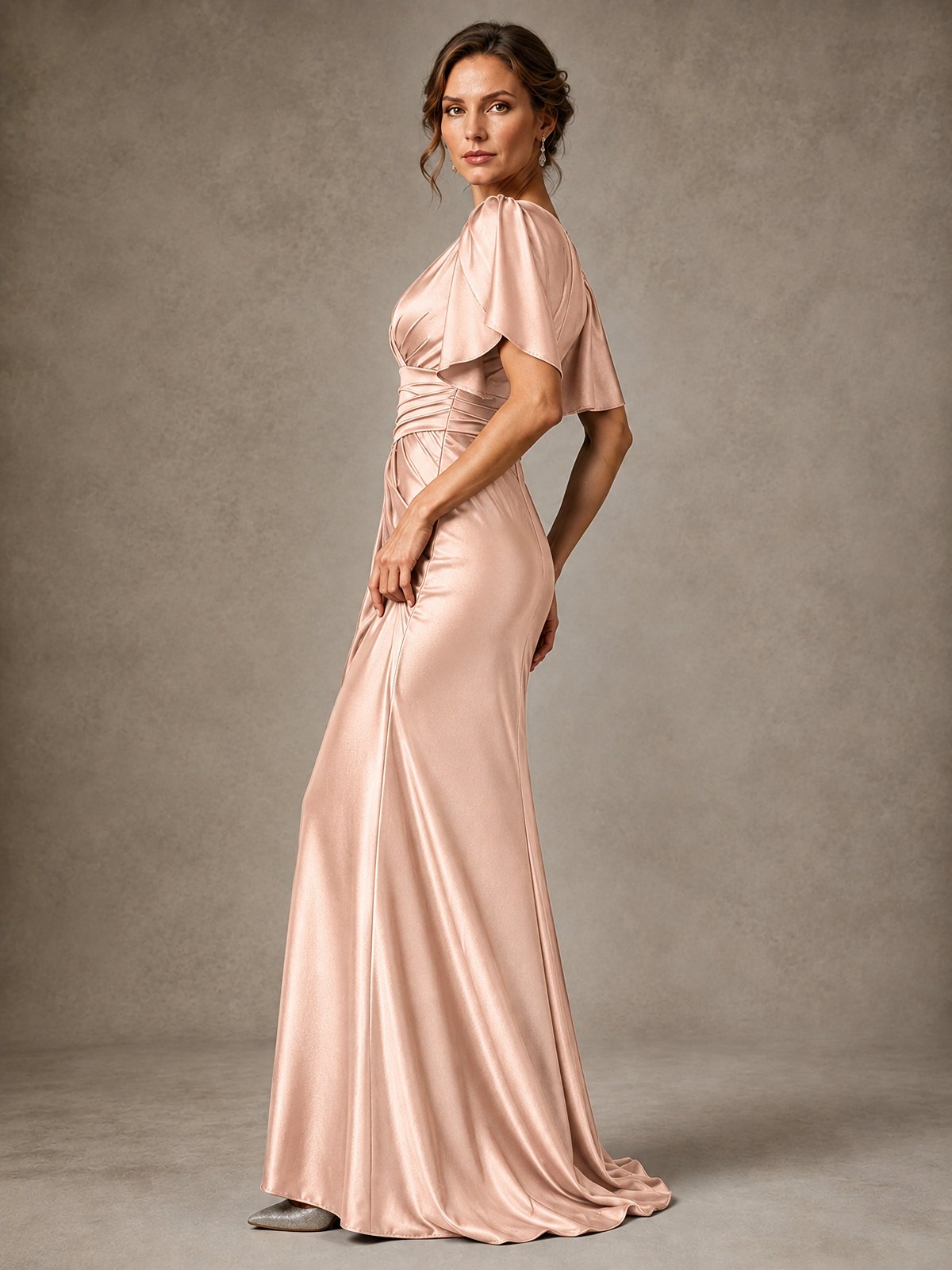V-Neck Satin Mother of the Bride Dress with Flutter Sleeves