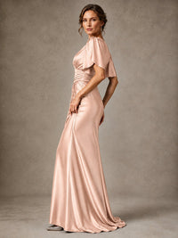 V-Neck Satin Mother of the Bride Dress with Flutter Sleeves