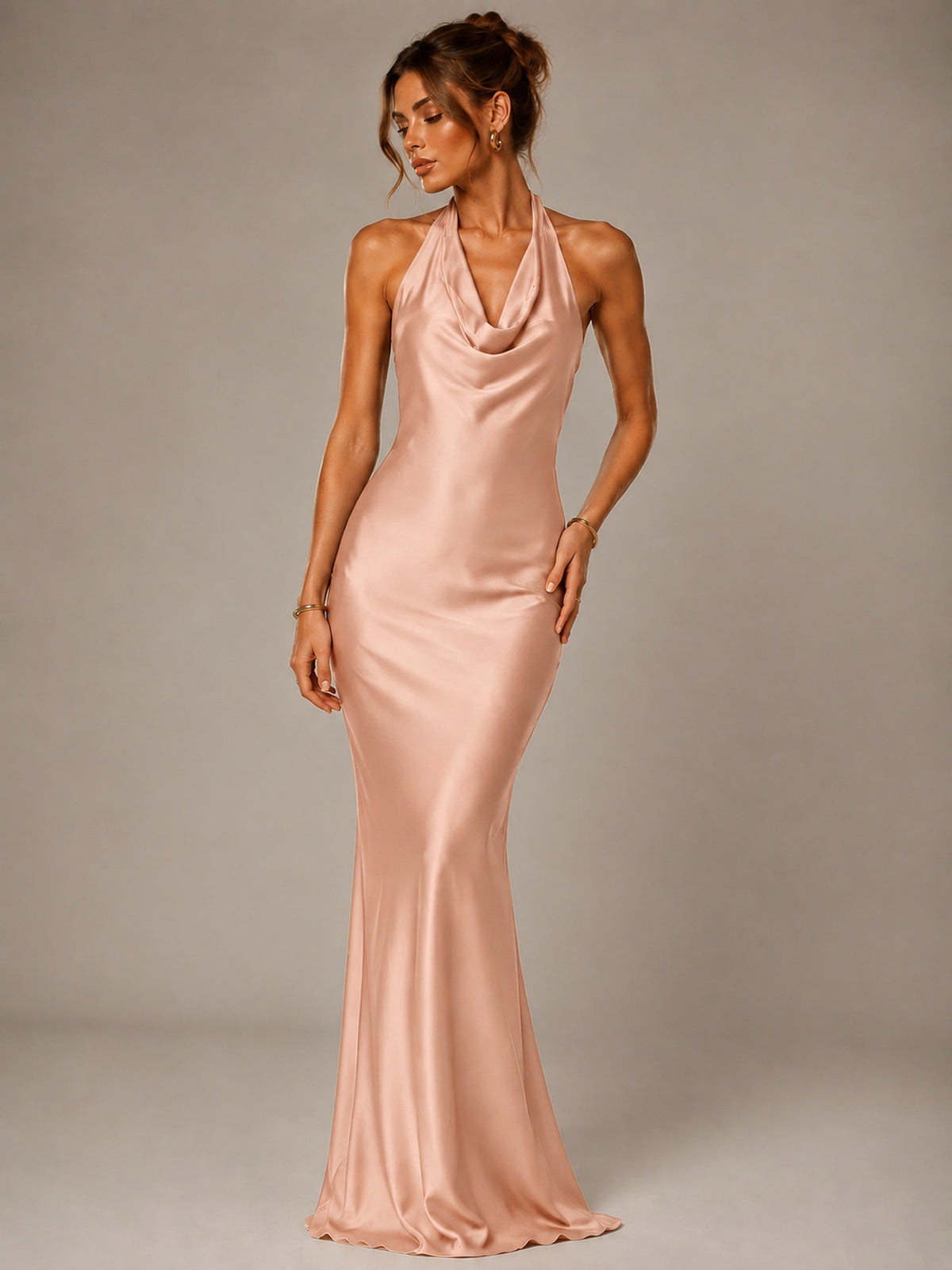 Olive Green Halter Satin Mermaid Maxi Dress