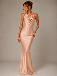 Olive Green Halter Satin Mermaid Maxi Dress