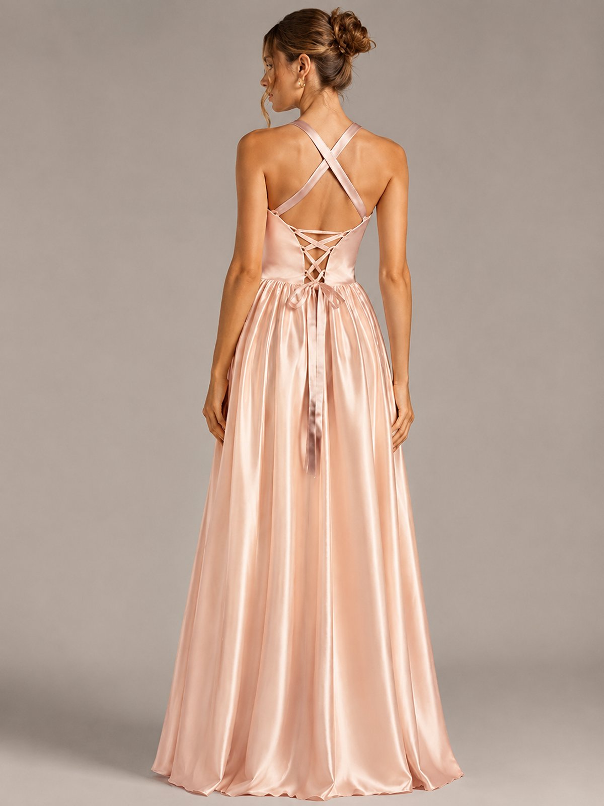 Light Yellow Halter Neck Satin A-Line Maxi Dress with Pockets