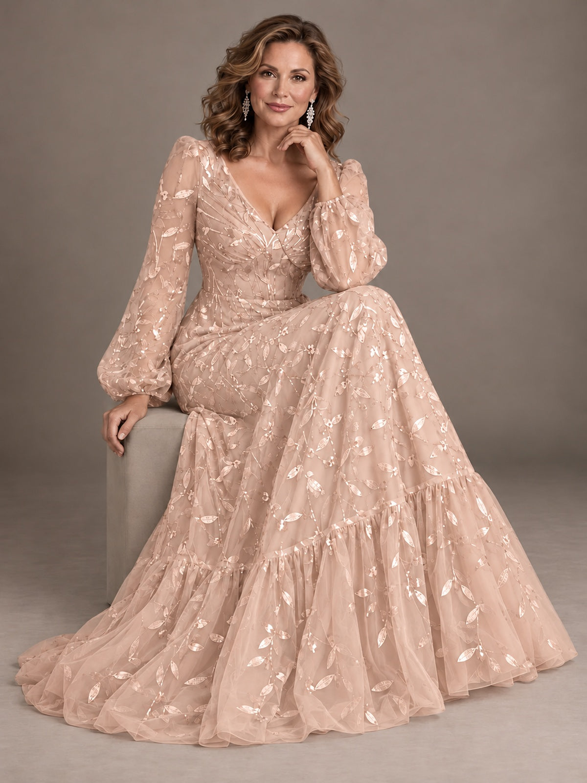 Floral Sequin Embroidered A-Line Mother of the Bride Dress with Long Sleeves