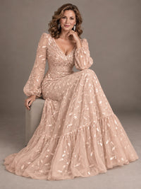 Floral Sequin Embroidered A-Line Mother of the Bride Dress with Long Sleeves