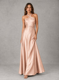 Sage Green Satin A-Line Bridesmaid Dress with Halter Neck