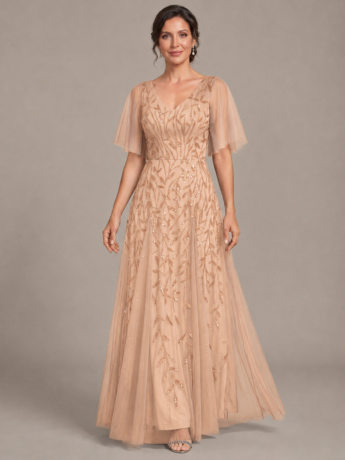 V-Neck Sequin Tulle Mother of the Bride Dress with Flutter Sleeve