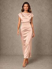 Cowl Neck Satin Mother of the Bride Dress with Ruched Waist