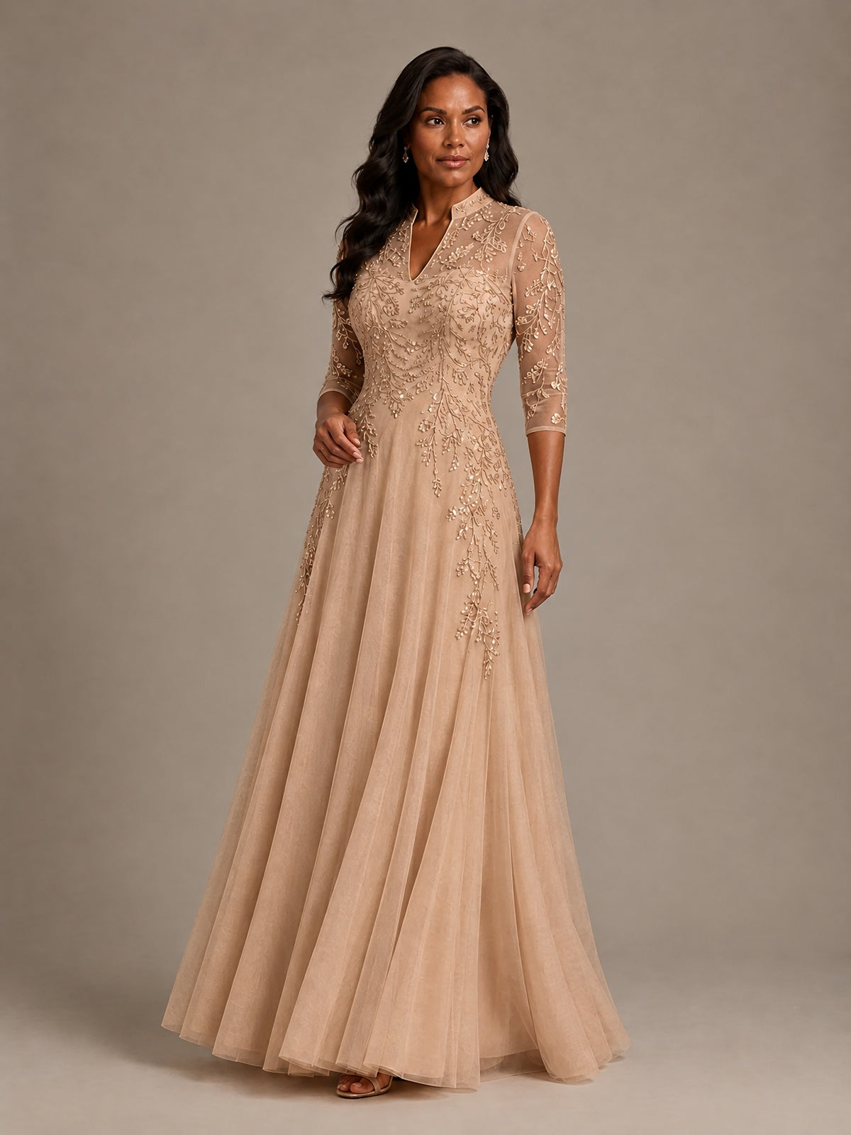 Embellished Appliques Mother of the Bride Dress with 3/4 Sleeves
