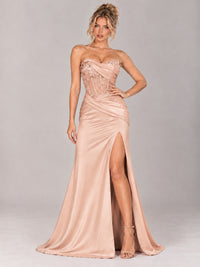 Strapless Satin Prom Dress with Sheer Lace Corset & High Slit