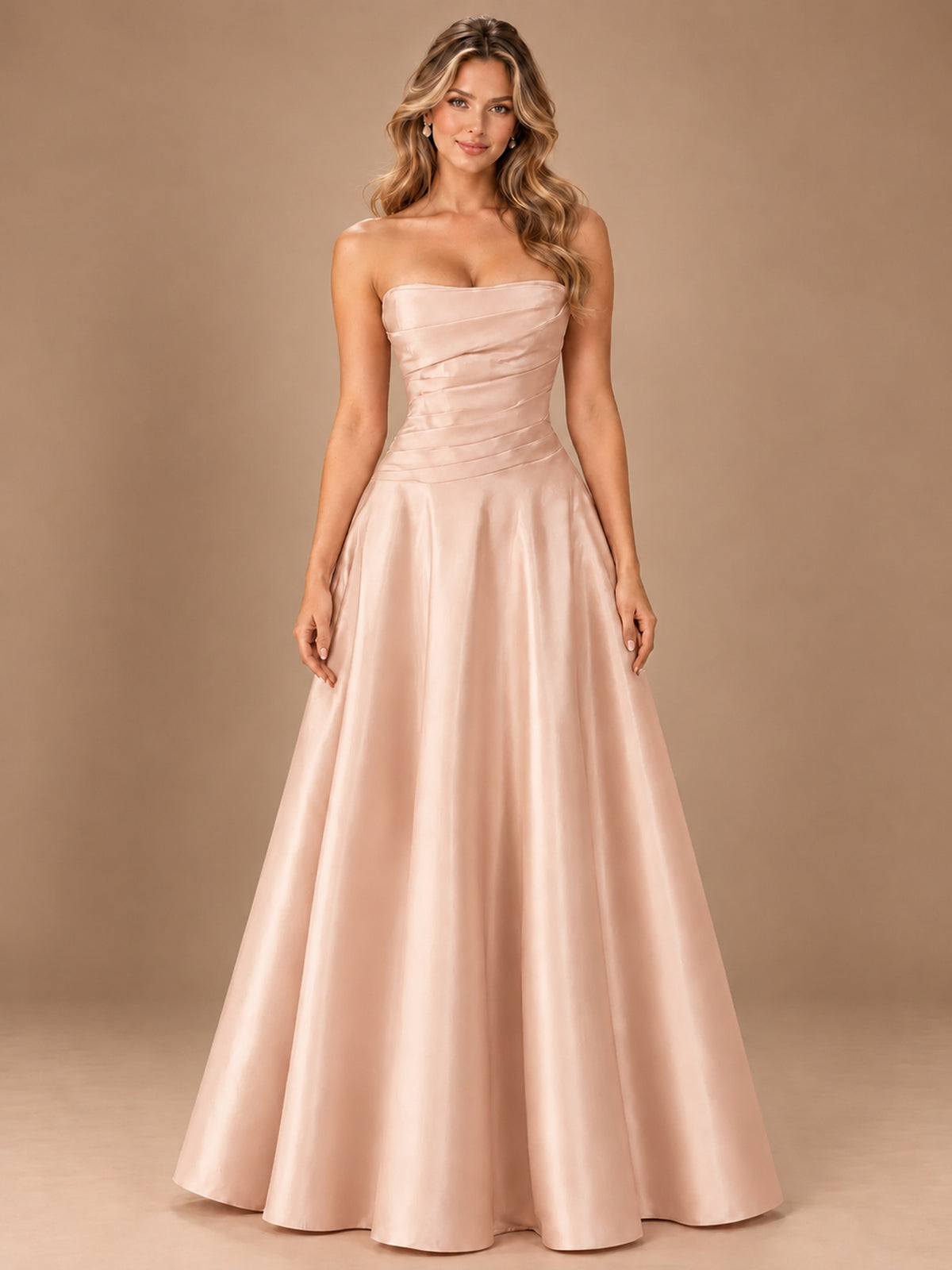 Blush Pink Strapless Satin A-Line Prom Dress with Ruched Bodice