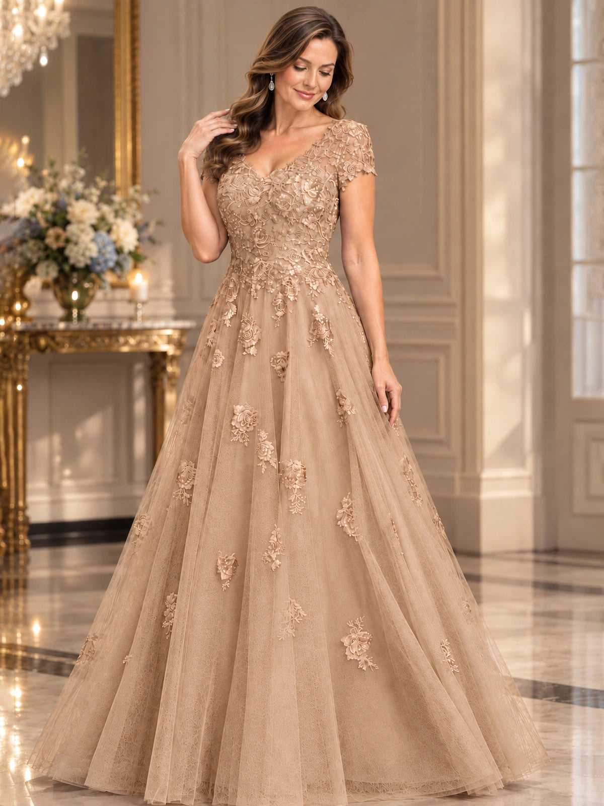 Lace Appliques A-line Mother of The Bride Dresses with Short Sleeves