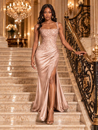 Scoop Neck Sequin Prom Dress with High Slit Satin Formal Gowns
