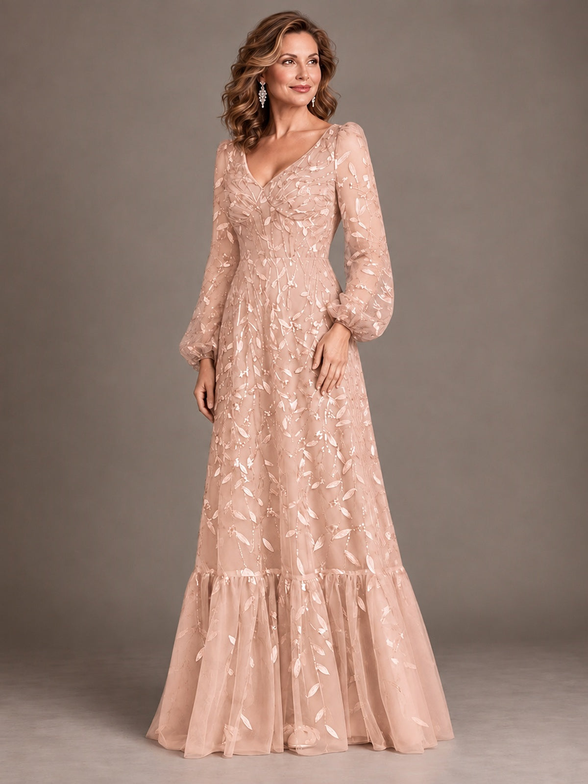 Floral Sequin Embroidered A-Line Mother of the Bride Dress with Long Sleeves