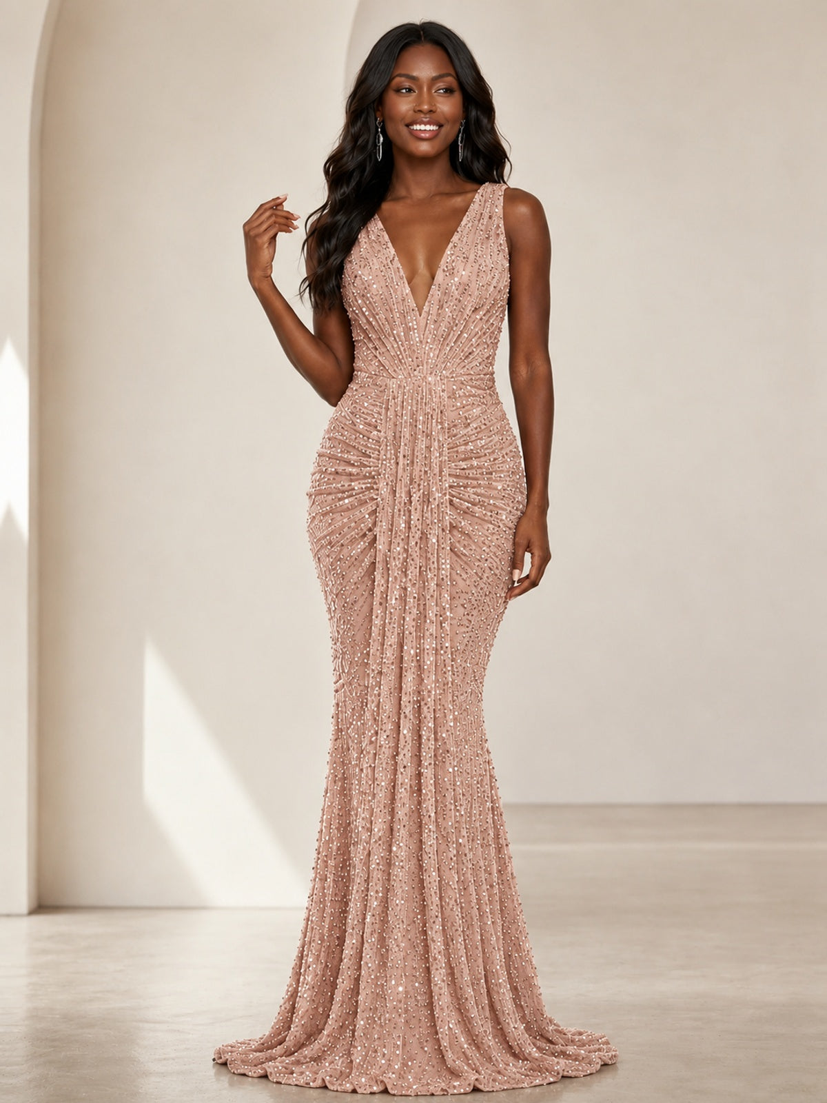 Sequin Mermaid Prom Dress with V-Neck and Ruched Waist