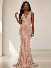 Sequin Mermaid Prom Dress with V-Neck and Ruched Waist