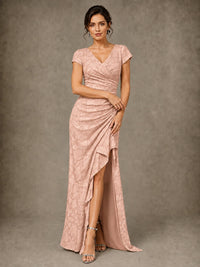 V-Neck Floral Jacquard Mother of the Bride Dress with Slit