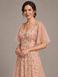 V-Neck Sequin Tulle Mother of the Bride Dress with Flutter Sleeve