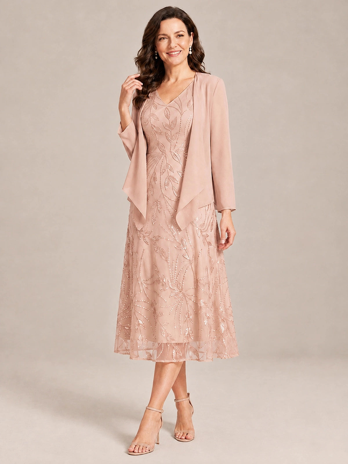 Tea Length Sequin Lace Mother of the Bride Dress with Chiffon Jacket