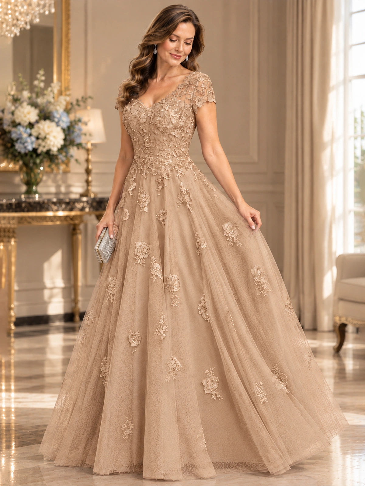 Lace Appliques A-line Mother of The Bride Dresses with Short Sleeves