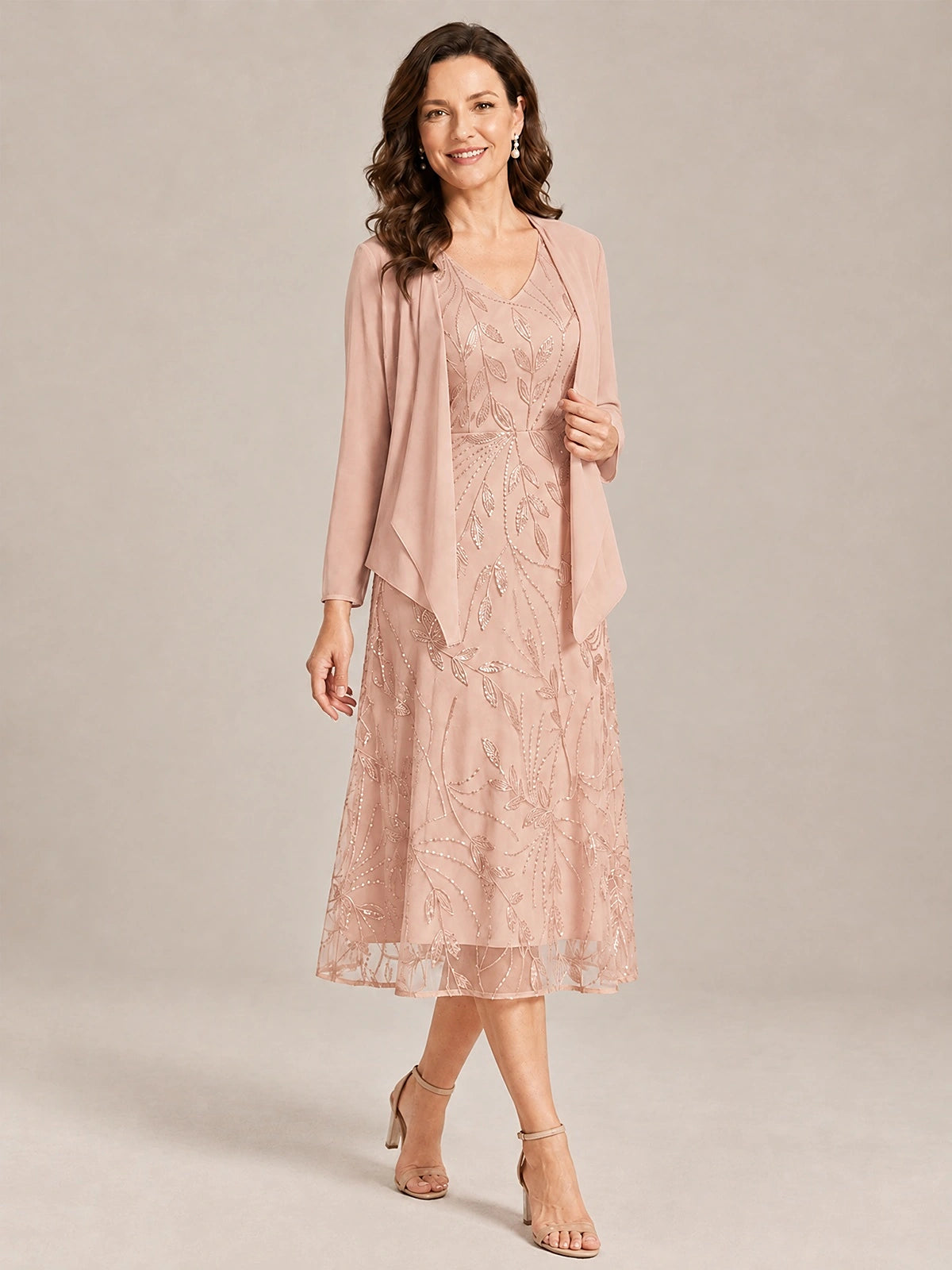 Tea Length Sequin Lace Mother of the Bride Dress with Chiffon Jacket