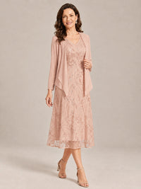 Tea Length Sequin Lace Mother of the Bride Dress with Chiffon Jacket