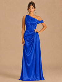 Royal Blue-satin one shoulder prom dress ruched long formal gow Jovelle