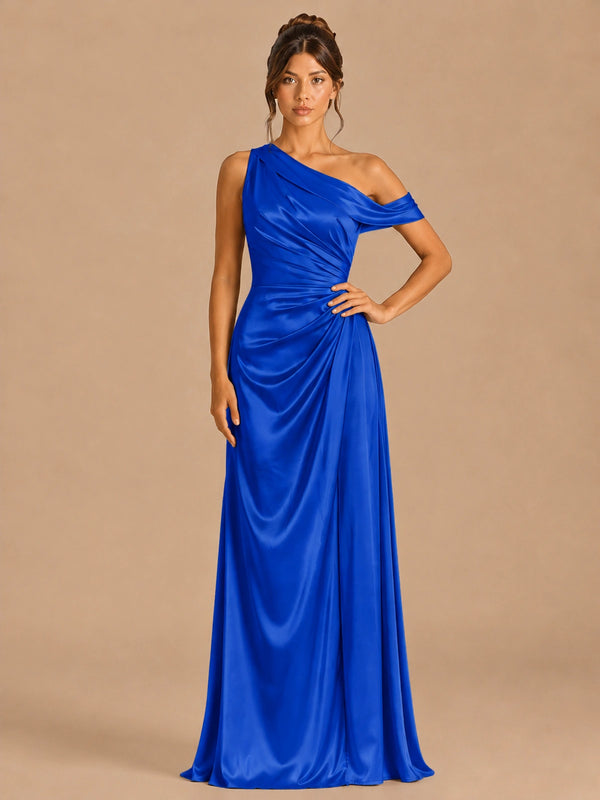 Royal Blue-satin one shoulder prom dress ruched long formal gow Jovelle