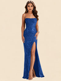 Sequin Lace Appliques Mermaid Prom Dress Spaghetti Strap Formal Gowns with Slit